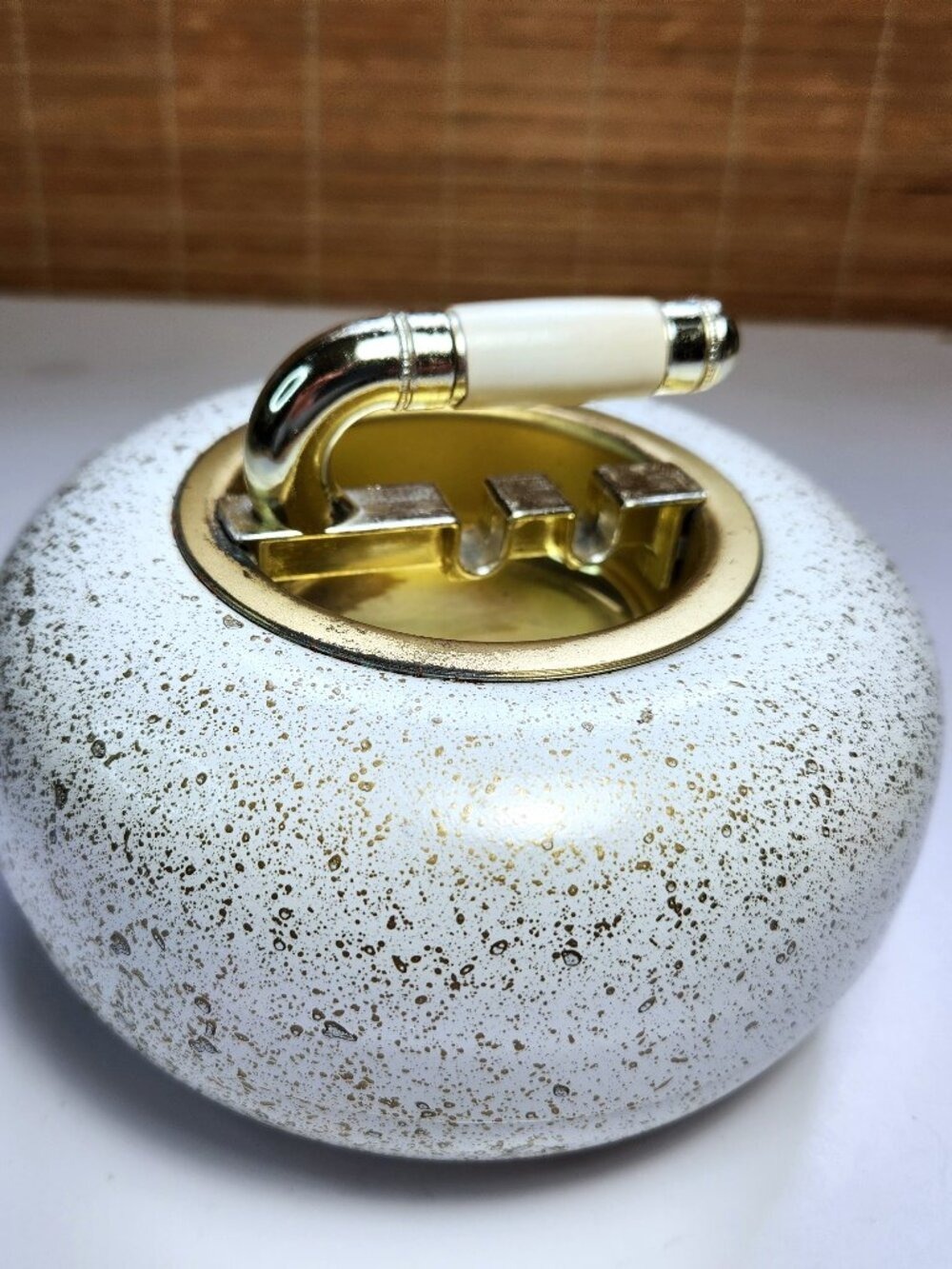 Vintage Curling Stone Ashtray Canadian Stoneware Speckled Mid Century Decor
